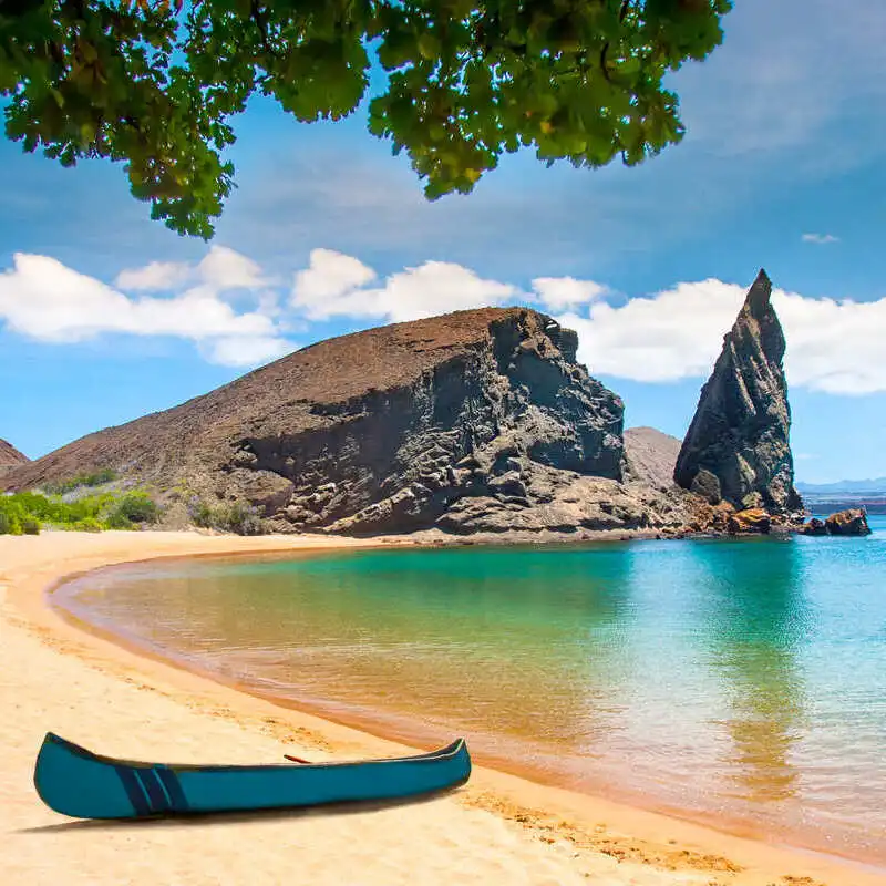 A canoe on the shore of the Galapagos Islands 