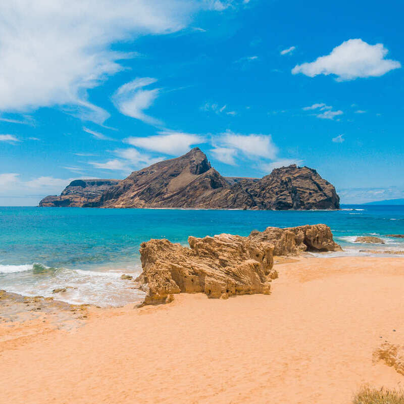 A Sandy Beach In Porto Santo Island, Part Of The Madeira Archipelago, Portugal, Southern Europe