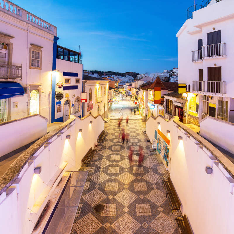 Downtown Albufeira In The Evening, The Algarve, Southern Portugal, Southern Europe